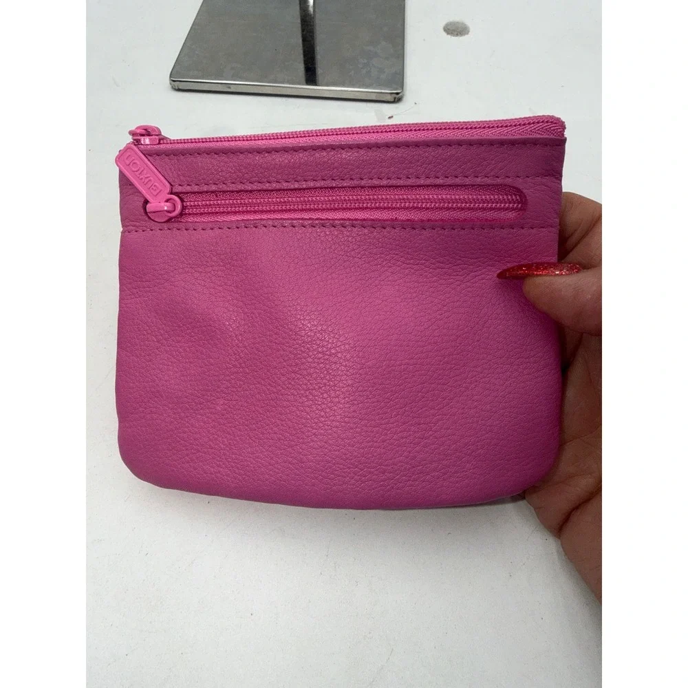 Buxton Pink Genuine Leather Card Case ID Window Coin Purse Key Ring Zip Pouch